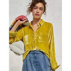 Pilcro Velvet Button Down Top Yellow Boho Anthropologie 22W Festival Lagenlook